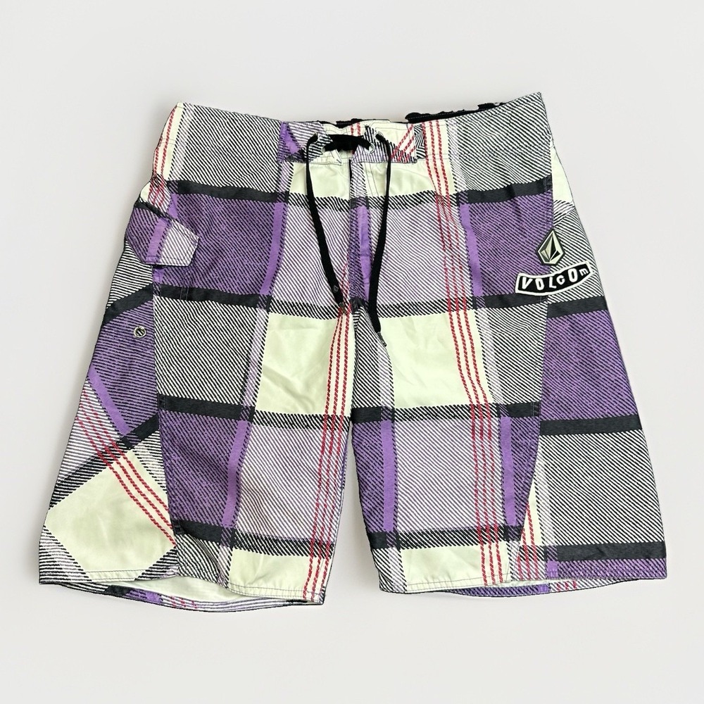 Volcom Board Shorts Mens 36 Purple Plaid Y2K Retro Irons Vintage Surf Wear Baggy
